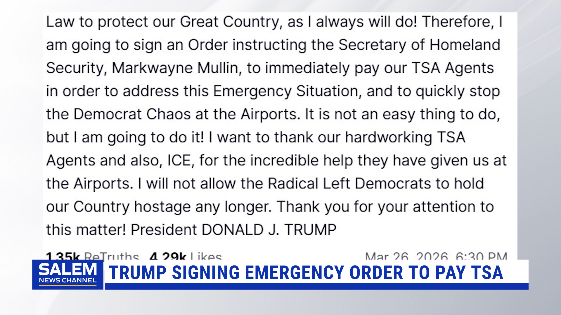 Trump Will Sign Emergency Order To Pay TSA Agents During Funding Impasse