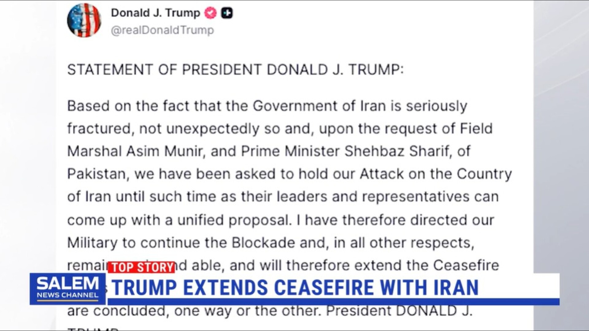 Trump says he is extending ceasefire with Iran